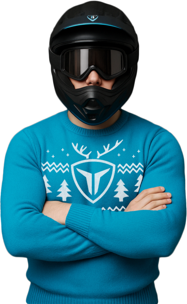 Free-rider au casque PROSPAD avec pull bleu noël en laine TROTRX pour la promo Black Friday et Black December 2025